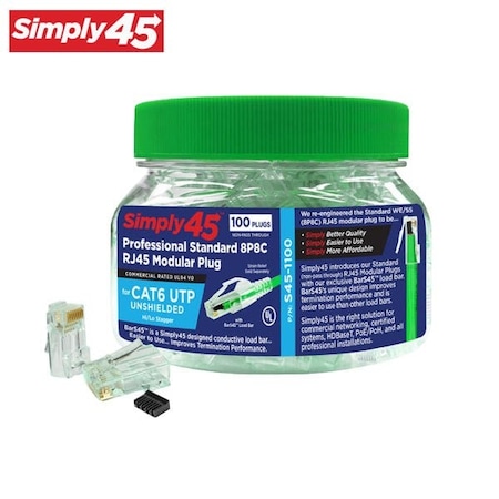 Simply45 Standard Cat6/6a UTP RJ45 Modular Plugs with BarS45, Green Tint - 100pcs/Jar SIM-S45-1100